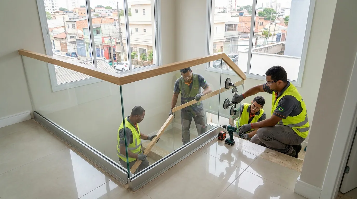 Painéis de vidro de um guarda-corpo sendo montados